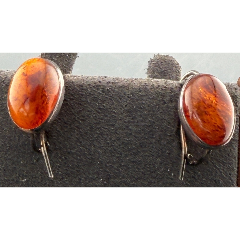 Vintage Amber Earrings Sterling Silver 925 Leverback Oval Cabochon 1/2"